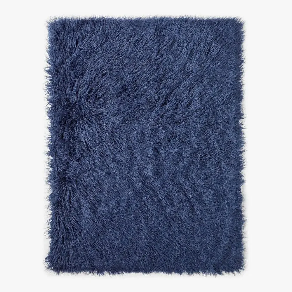 Pottery Barn Faux Mongolian Fur Throw Blanket Plush Blue 45